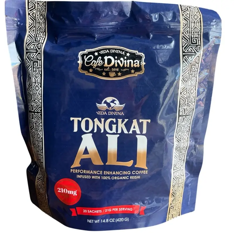 Vida Divina Tongkat Ali Coffee - Natural Energy Boost & Wellness Benefits - 210mg Organic Reishi Infused Arabica Blend - 20 Sachets