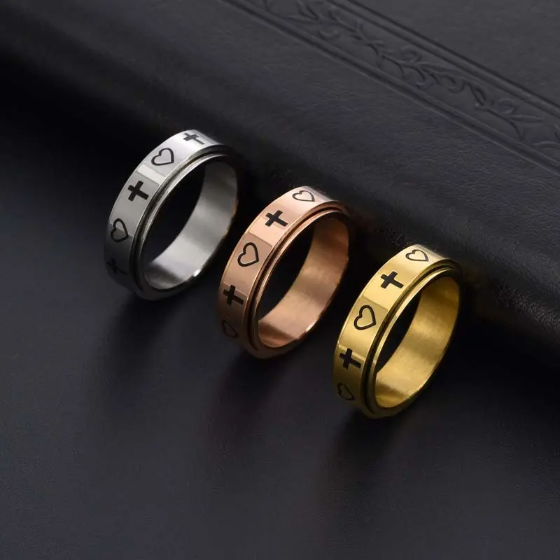 Stainless steel ring cross love heart rotatable ring multiple sizes ladies daily wear gift