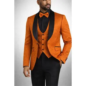 Burnt Orange Floral Brocade Slim Fit Prom Tuxedo Suit