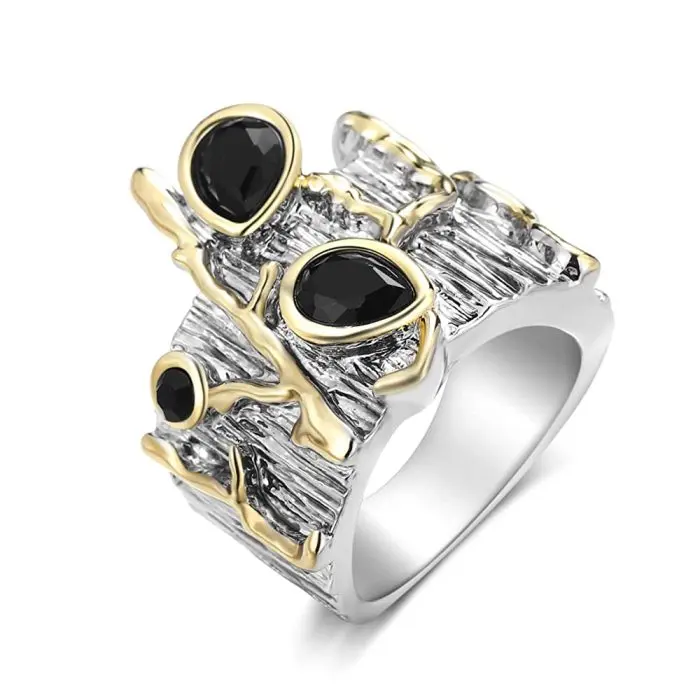Aprilery Vintage Nature Inspired Tree Branch Band Ring for Women, Unique Two-Tone Textured Bark Design Statement Jewelry with Pear Cut Black Stones, Artistic Handcrafted Style Anniversary Gift for Her
