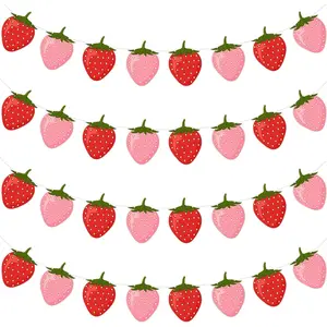 Lewtemi 4 Pcs Berry First Birthday Decor Strawberry Baby Shower Decorations Hanging Banner Berry Garland for Strawberry Themed Party Favors Supplies(Red, Pink)