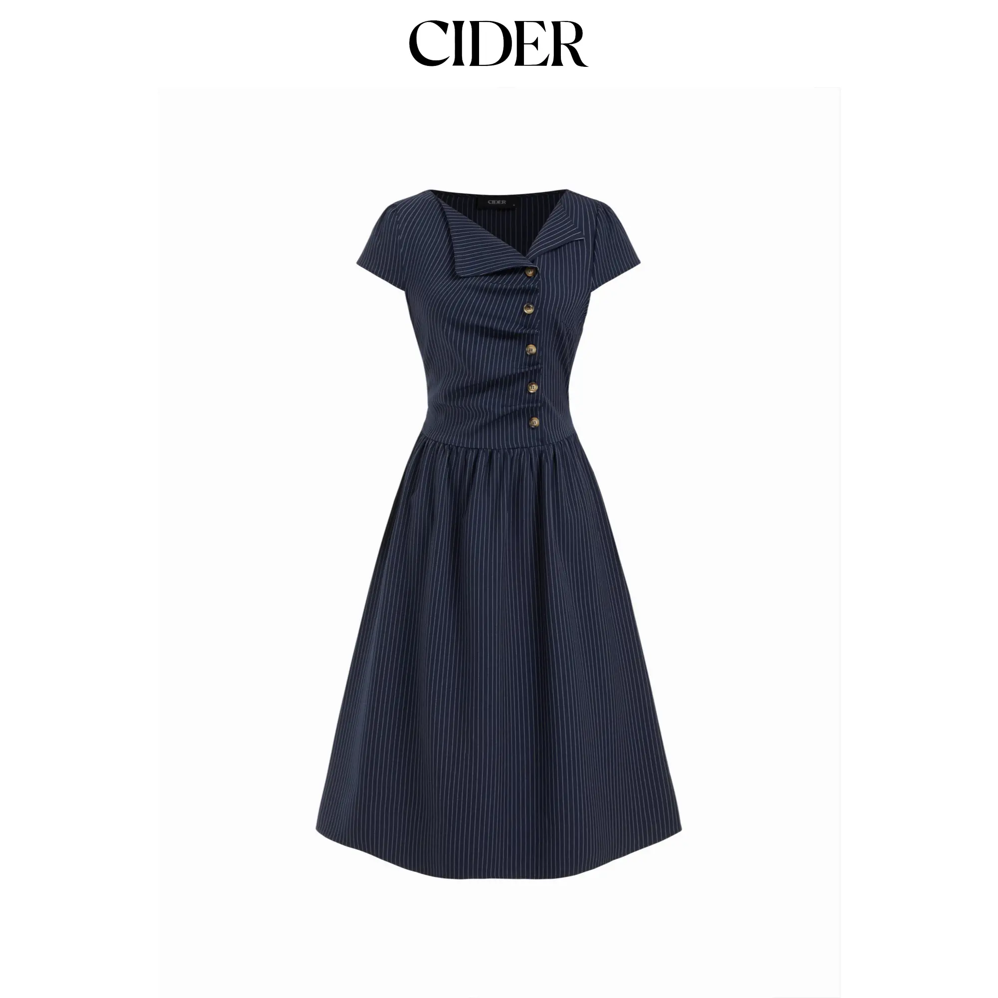 Cider Women's Casual Plaid Flared Midi Dress with Asymmetrical Neck, Ruched Detail and Tie Back, Basic