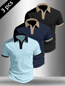 Men's 3-Pack Textured Knit Polo Shirts, Casual V-Neck Short Sleeve Tops, Breathable Contrast Trim Tees, Polo Shirt Set #3PackPoloShirts #TexturedKnitTops #CasualVNeckTees #EverydayEssentials #TikTokMadeMeBuyIt