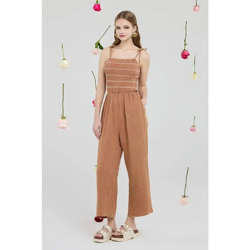 Smocked Top Wide Leg Gauze Jumpsuits