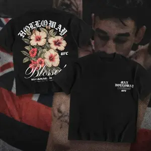 Max Holloway "Blessed" Hawaii Hibicus UFC Heavy Cotton Tshirt BMF Tshirt UFC 318 Fitted Green Round Neck Casual Apparel for Men Gym Novelty Tops