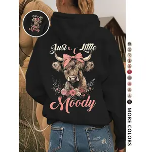 Women's Butterfly Knot Cow Print Hoodie, Casual Fashion Streetwear, Long Sleeve Fitted Design, Comfortable Outdoor Wear