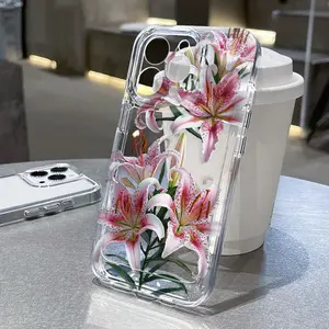 Pink Lily Pattern Phone Case for iPhone 15 16 Plus 14 13 12 11 Pro Max, Non-Yellowing Clear Crystal Drop-proof Protection Slim Silicone Cover Cellphone Protective