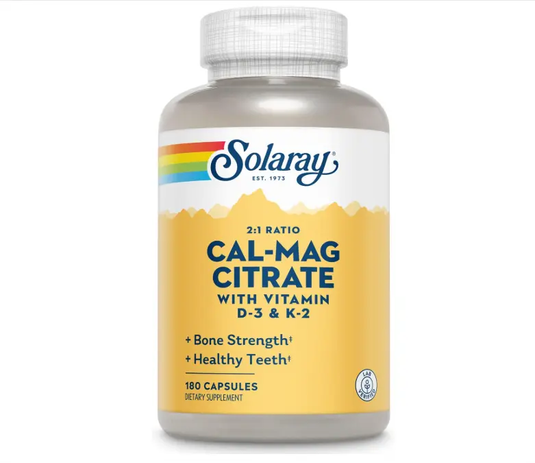 SOLARAY Calcium Magnesium Citrate 2:1 with Vitamin D3 K2, 180 Capsules | Bone, Heart, Muscle & Teeth Support - High Absorption Calcium & Magnesium Citrate with D3 & K2 - 30 Servings - Lab Verified