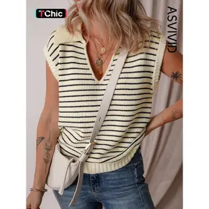 Women's Striped Print V Neck Sweater Vest, Casual Sleeveless Collared Knit Top for Fall & Winter, Fashion Ladies' Knitwear for Daily Wear
