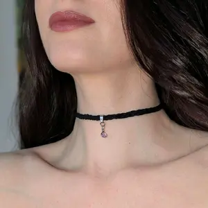 Black choker necklace with amethyst pendant, purple color pendant necklace, amethyst color drop charm choker