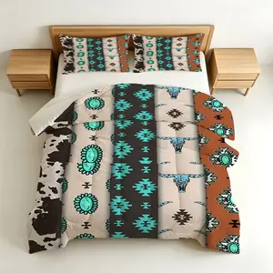 2/3 Piece Southwest Style Aztec Turquoise Skull Print Comforter Set, Stylish Western Themed Bedding, Quilted Design, Perfect for Bedroom and Guest Room Decor, Excellent Warmth