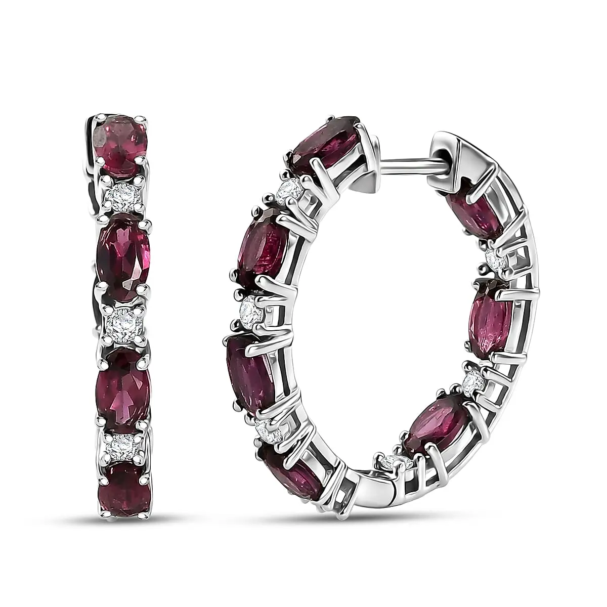 D'Joy AAA Radiant Ember Garnet, Lab Grown Diamond (I2-I3) (0.40 cts) Hoop Earrings in Rhodium Over Sterling Silver 4.90 ctw