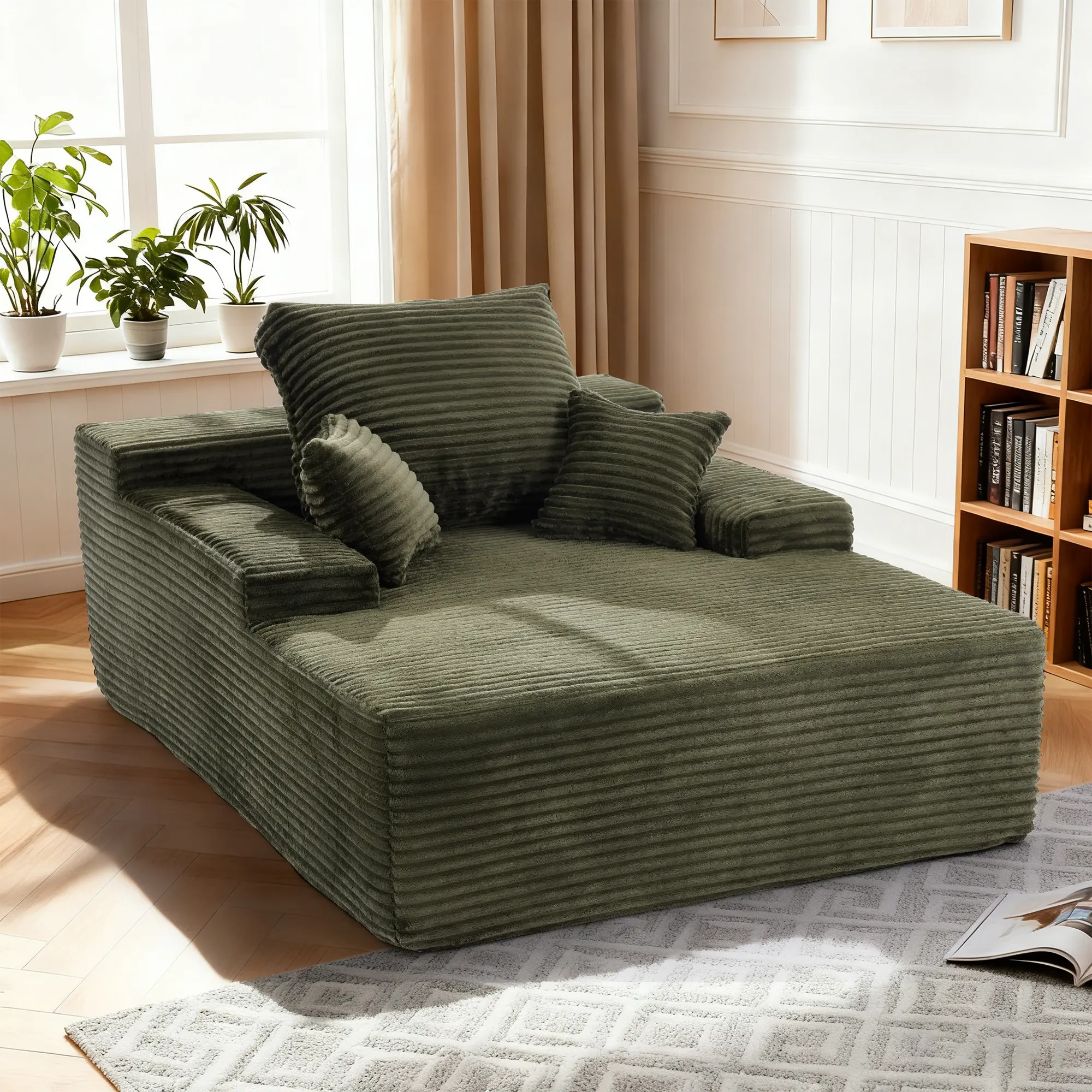 Korser 68.5-inch extra-large chair lounge, indoor comfortable green corduroy sofa bed, comes with striped throw pillows, letting you relax with ease