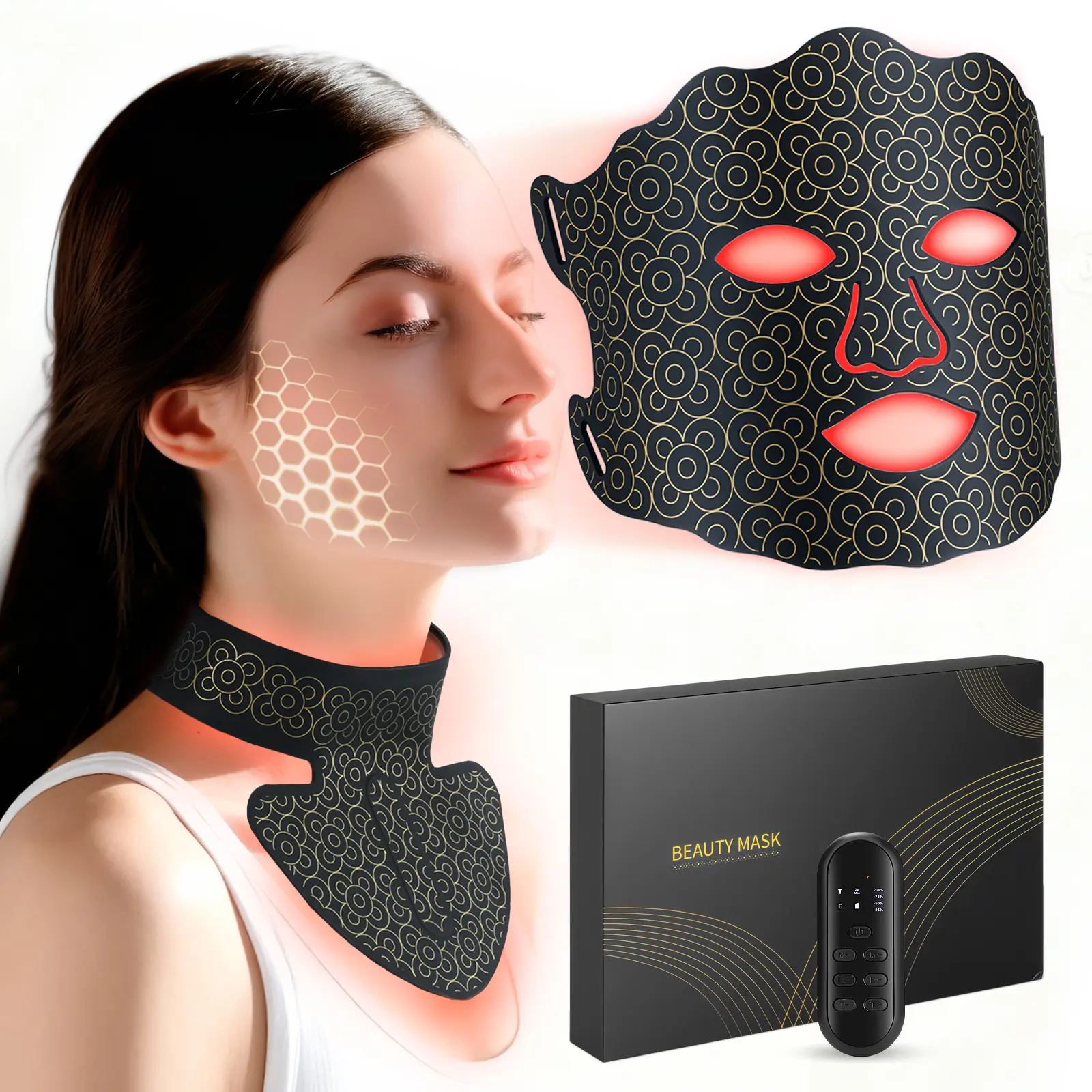Red Light Therapy Mask for Face and Neck, 7 Color LED Light Therapy Mask with Rechargeable Controller, Adjustable Brightness and Timer, Portable Skin Care for Home Use
