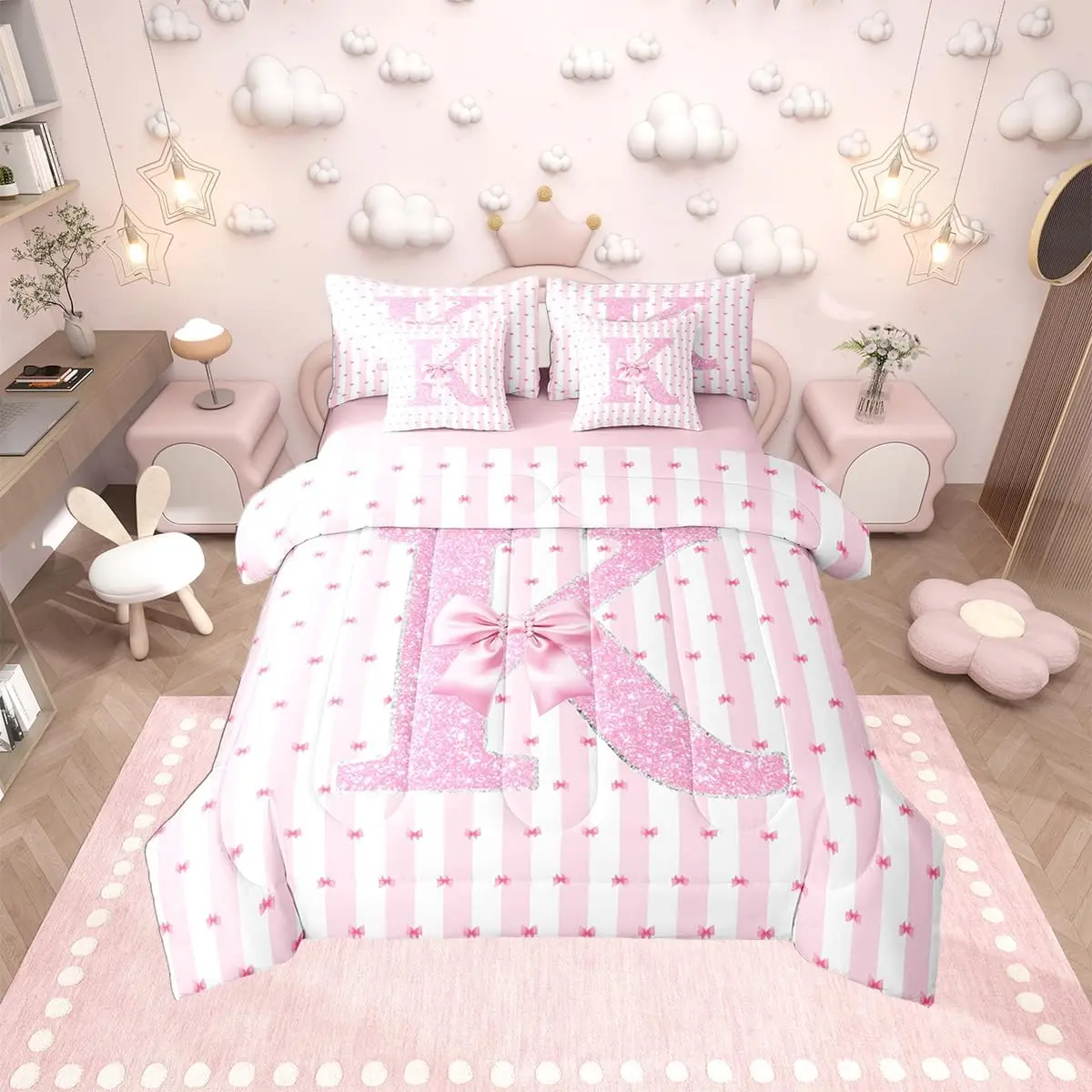 Alphabet K 7 Pcs Bedding Set Pink Bow Bed in A Bag Bowknot Glitter Comforter Set with Sheets Adult Room Dreamy Princess Bed Sets