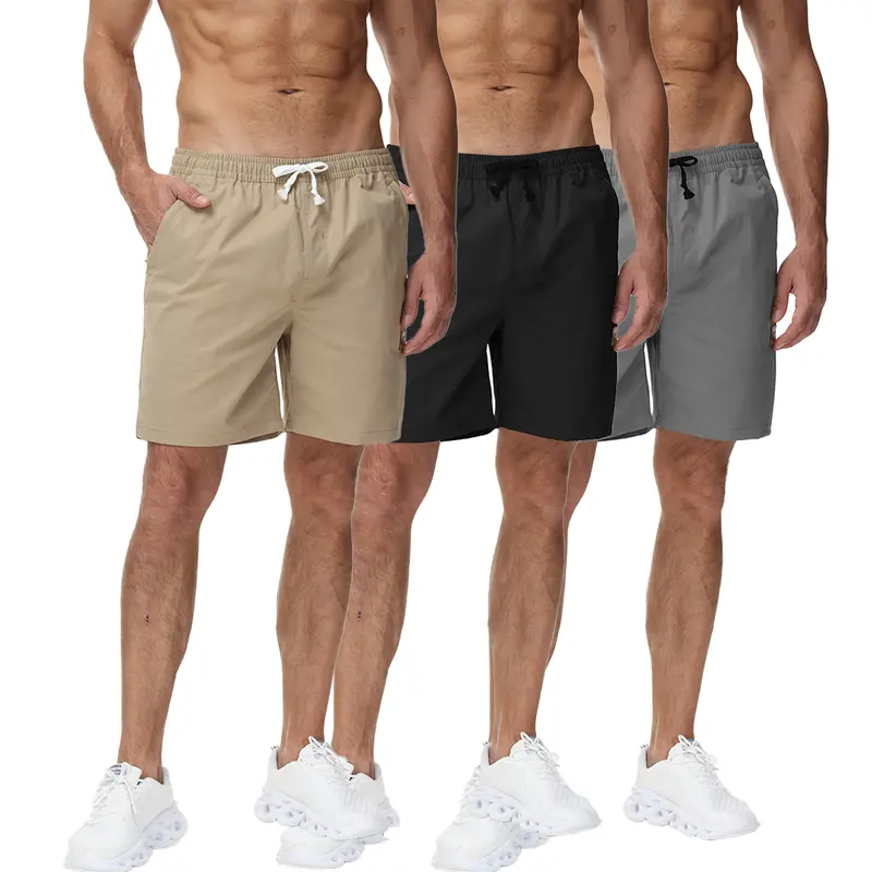 3 PACK Men's Casual 7" Twill Shorts with Drawstring & Zipper Pockets - Mid Waist Stretch Fabric for Summer Beach & Golf - Machine Washable Durable Breathable 100% Polyester Twill Relaxed Beige Cargo #FathersDayGift#Summervibes