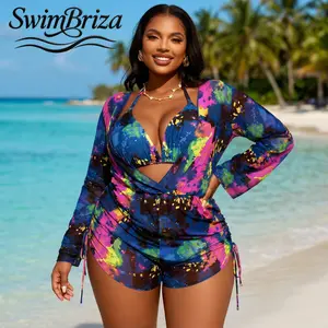 Briza｜Women's Plus Size Two-Piece Bikini Swimsuit Set with Swim Shirt and Shorts Blue Print Mesh Cover Up Beachwear Vacation Bathing Suit 2 Piece Swimwear, Women's Swimwear, Bathing Suit for Women, Bikini Set, Two Piece Bathing Suit