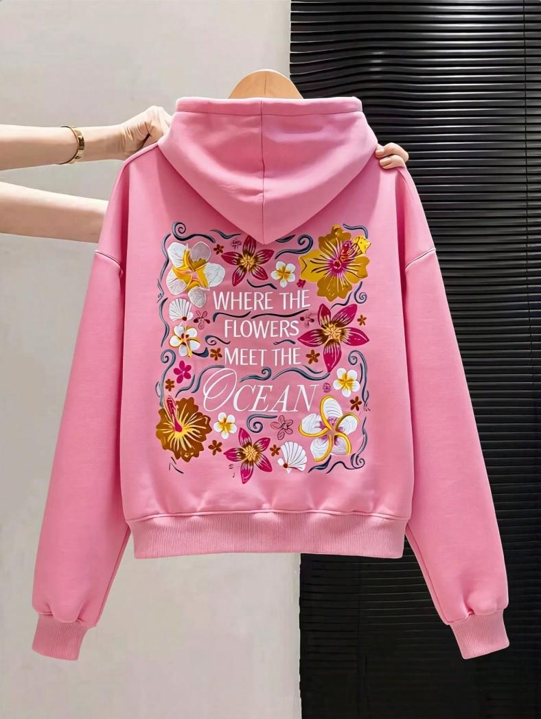 Men’s and women’s Y2K floral embroidered hoodie — aesthetic preppy graphic sweatshirt; cute hood design featuring “Where Flowers Meet the Ocean”; all oversized embroidery; suitable for Christmas, Halloween, and Thanksgiving; menswear tops; pullover long s