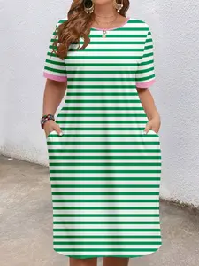 Women's Plus Size Short Sleeve Cami Sleep Dress, Colorblock Striped Full Print Pocket Design, Casual Comfortable Homewear