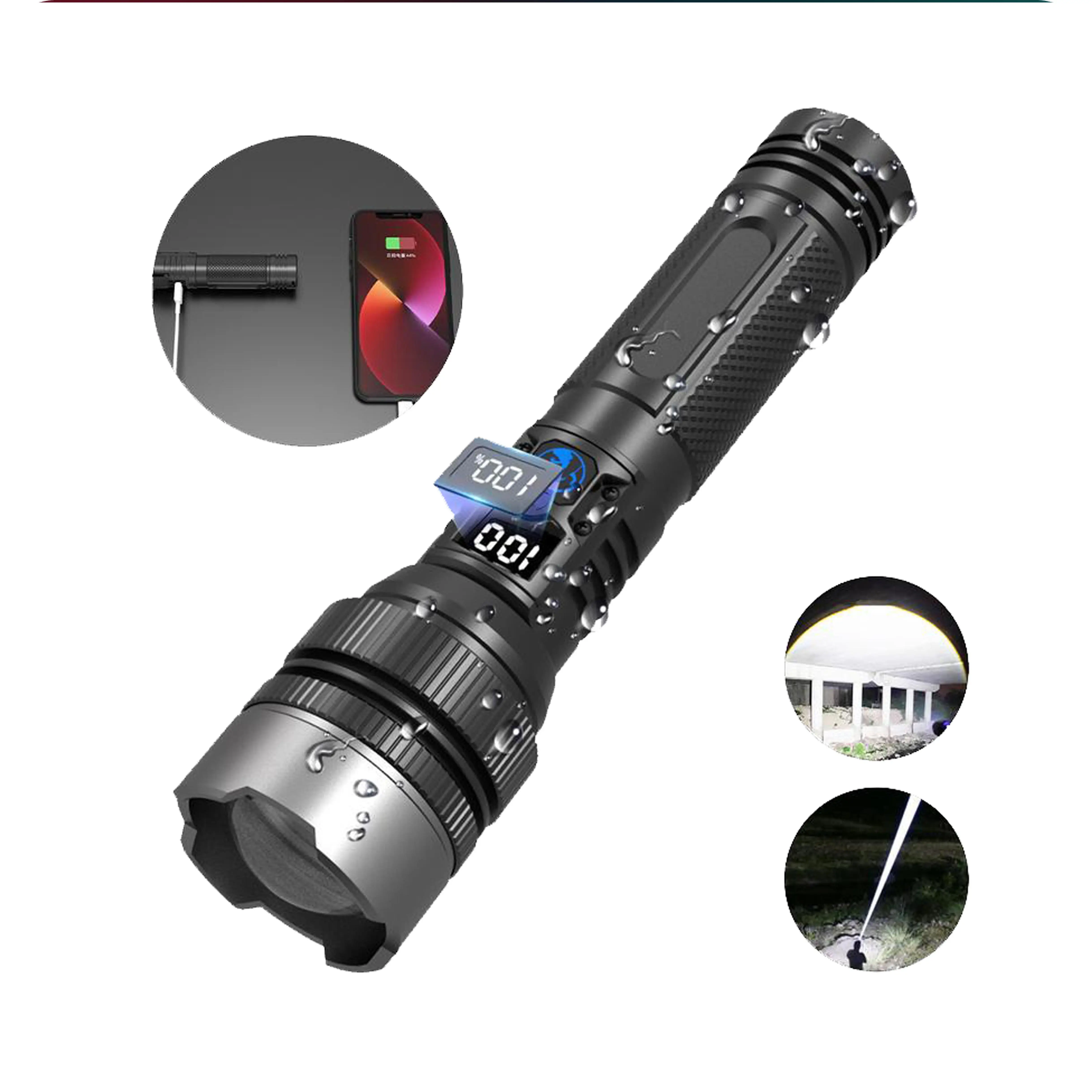 2-in-1 Strong Flashlight (Power Bank)，Digital display of power, Rechargeable，Zoomable, , X4Waterproof, Adjustable Brightness Flash Light for Outdoor,