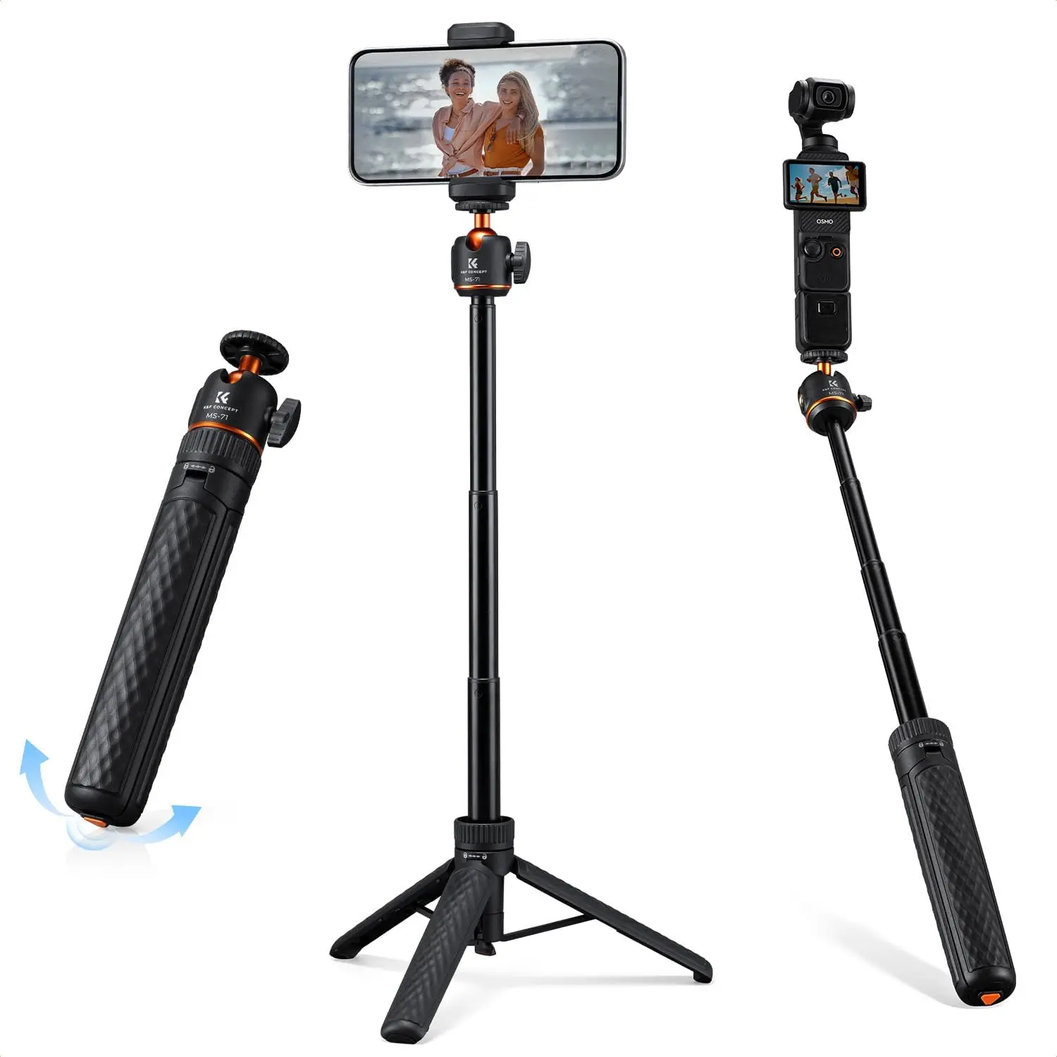K&F CONCEPT 1s Auto Open Mini Selfie Stick Tripod, 25.6''Lightweight Ball Head Pocket Tripod with Cold Shoe, Small Desk Tripod Compatible with DJI Osmo Pocket 4/3 Action5 GoPro13/12 Smartphone.(Black)