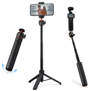 K&F CONCEPT 1s Auto Open Mini Selfie Stick Tripod, 25.6''Lightweight Ball Head Pocket Tripod with Cold Shoe, Small Desk Tripod Compatible with DJI Osmo Pocket 4/3 Action5 GoPro13/12 Smartphone.(Black)