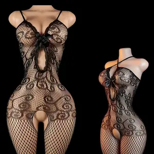 Women's Bowknot Mesh Jumpsuit with Fishnet Stockings | European American Style Underwear Set, Lightweight Jacquard Fabric with Halter Neckline – Womenswear