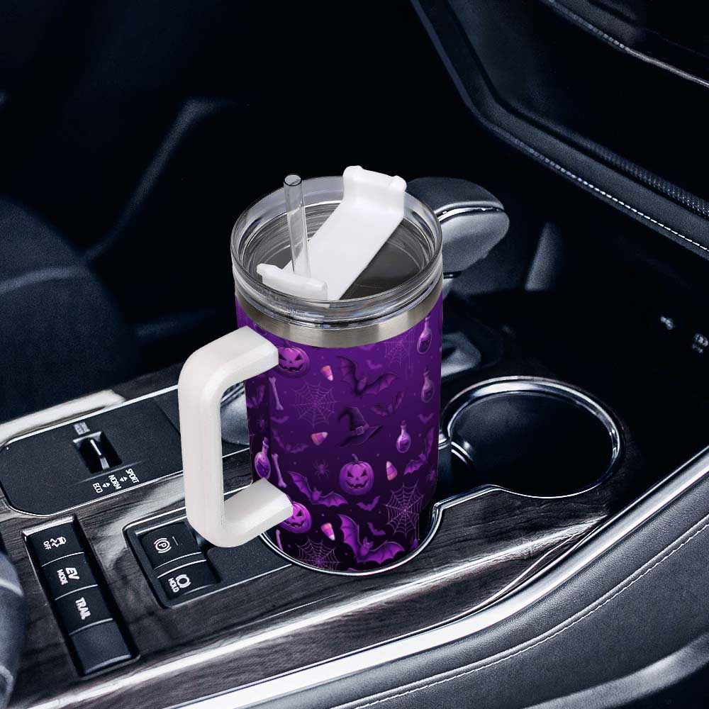 Purple Halloween Double-Wall Insulated Stainless Steel Tumbler (30oz-40oz) with Bat, Pumpkin, Spider Web, Witch Hat Gothic Print, Leakproof Lid, Straw, Portable Vacuum Flask for Travel, Autumn Gift