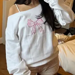 Coquette Cute Bow Embroidered Sweatshirt Off the Shoulder Wide Neckline Cherry Disco Ball Aesthetic Women’s Wear - Women's Pullover - Womenswear