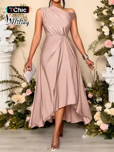Aliling Summer Elegant Women's Solid Color Dress, Asymmetrical Shoulder Pleated Split Hem, Fashionable Versatile Long Dress, Sleeveless Fitted Style
