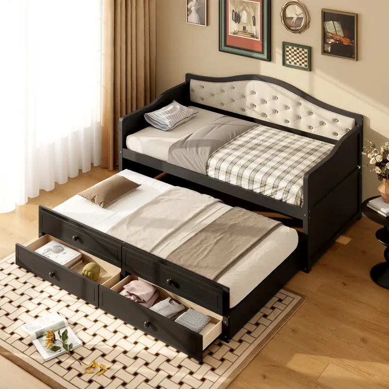 [Bellemave]Twin Daybed with Trundle, Twin Size Daybed with 2 Storage Drawers, Wooden Sofa Bed with Upholstered Button Tufted Backrest for Living Room, Bedroom, Guest Room,Black