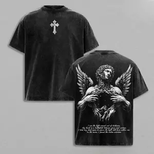 Angel Art Gothic Y2k Printed T-shirt Vintage Washed Oversized T Shirt Short Sleeve Pure Cotton Tees Tops Men's Unisex Clothing