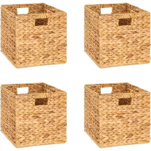 12x12x12 Storage Cube, Water Hyacinth Storage Baskets, Wicker Storage Baskets for Shelves, Woven Baskets for Storage, Square Wicker Storage Basket for Bedroom, Living Room (4 Packs 12x12in)