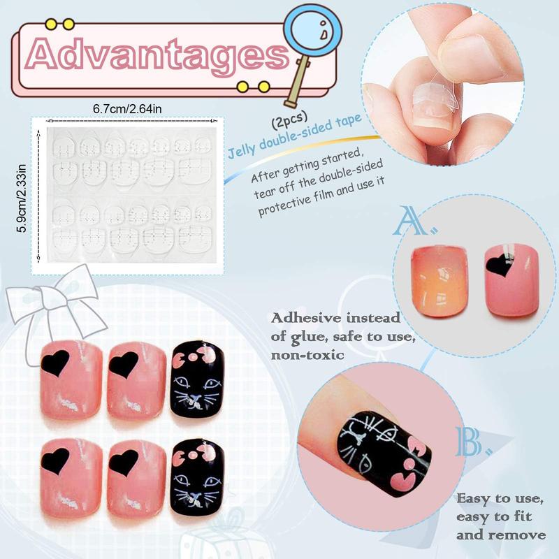 288PCS kids False Nail, Press on Pre-glue Full Cover Candy Pattern Short False Nail Kits with 48PCS Nail Adhesive Tabs, Valentine's Day Lovely Gift for Kids Little Girls Nail Art Decoration