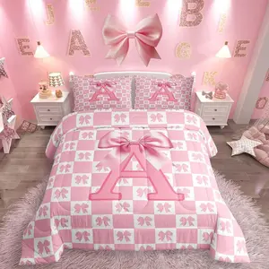 Cute Pink Bowknot Comforter Set Monogrammed Bedding Set for Kids Girls Personalized Initial A Duvet Quilt Pink White Patchwork Bedroom Decor Microfiber