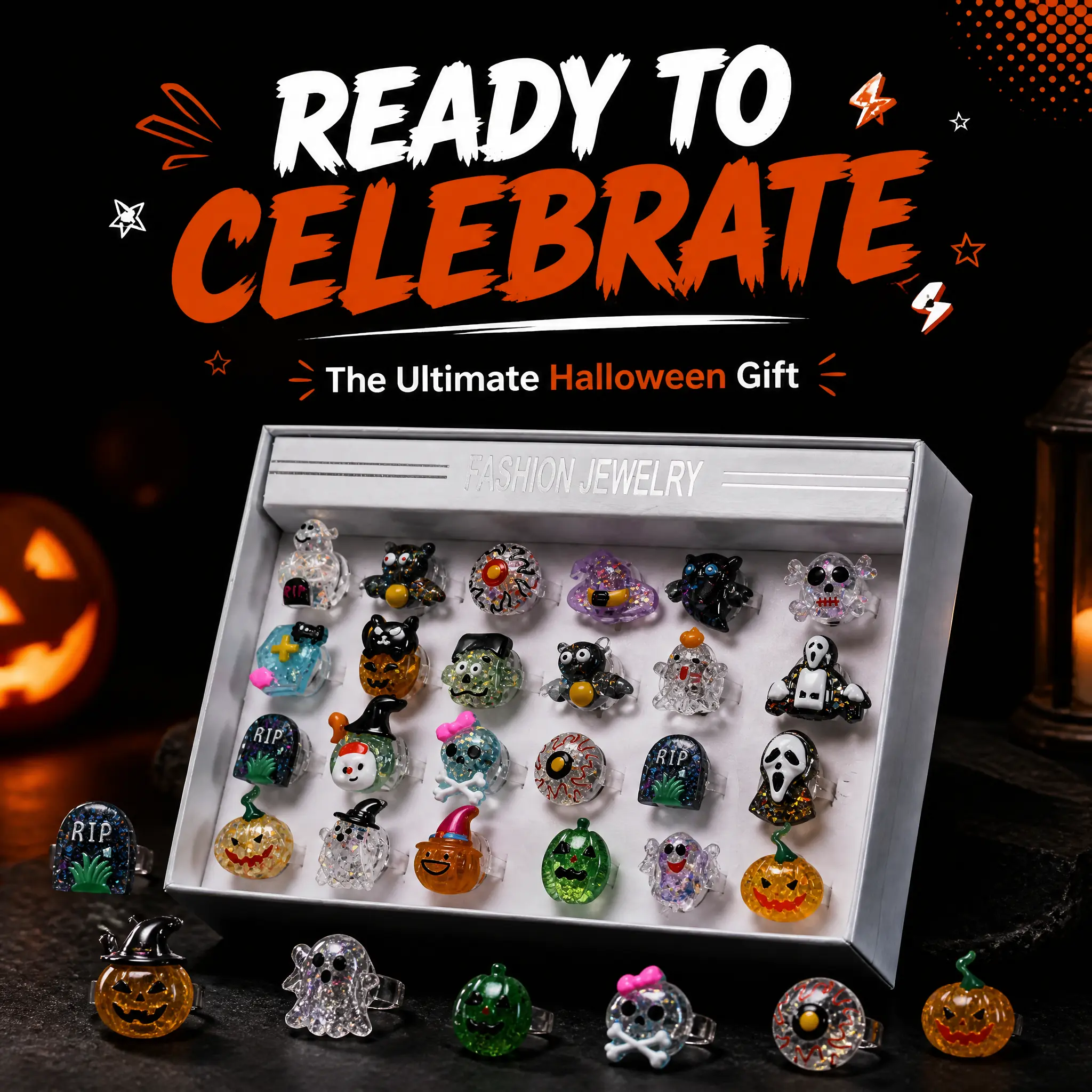 2026 Halloween Resin LED Flashing 3D Rings Bulk (24Pcs) for Kids, Festive Party Favors & Gift Bag Fillers, Non-Candy Prize Decorations (Home & Party Supplies Accessory)
