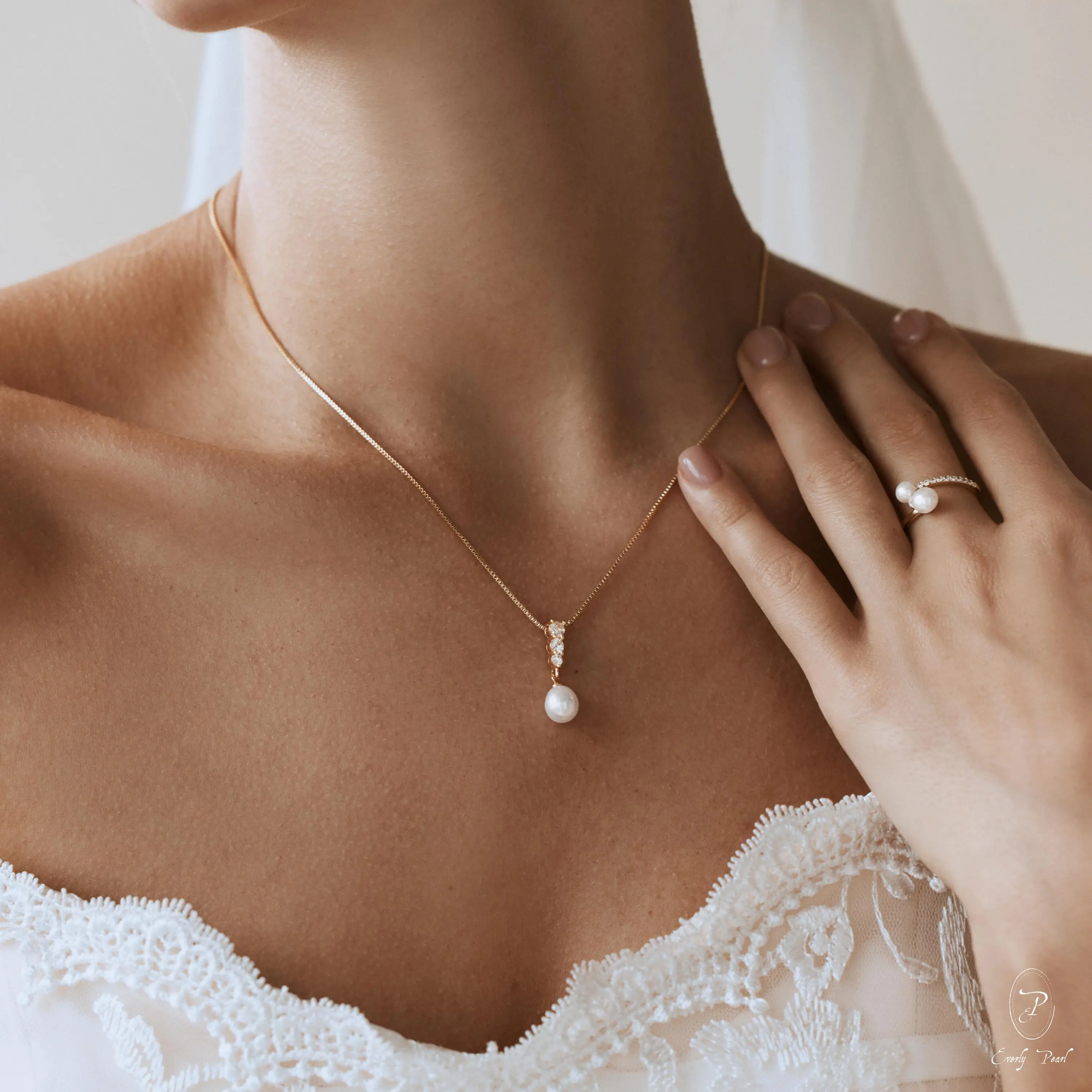 Freshwater Pearl Necklace with CZ Diamond Minimalist Bridal Necklace Dainty Pearl Pendant Gift for Her