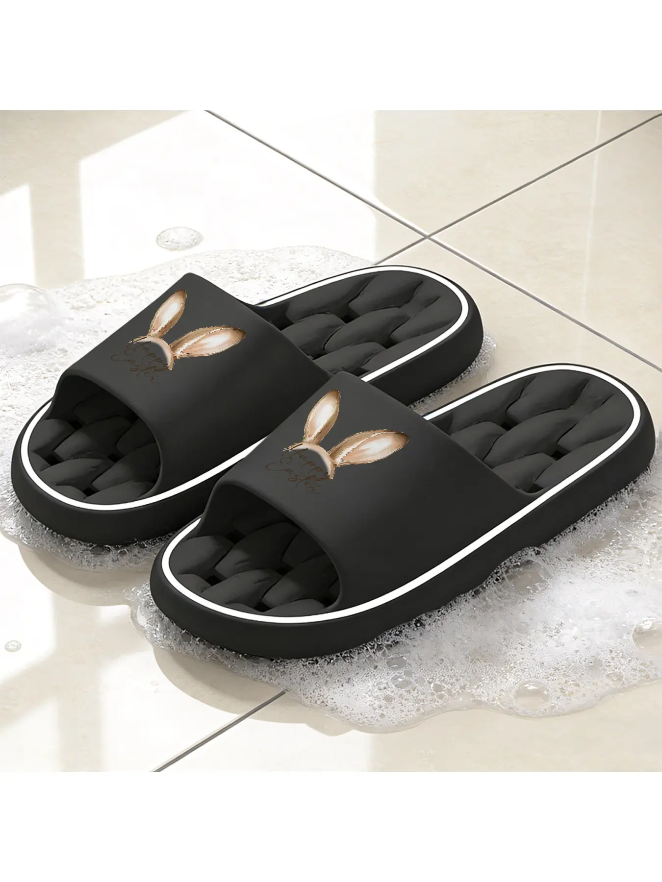 "Happy Easter" Bunny Ears Print Quick-Dry Hollow Out Slide Slippers, Non-Slip Drainage Bathroom Shower Shoes, Soft Cushioned Home Sandals for Easter & Spring Style Lovers