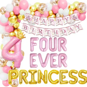 LaVenty Four Ever a Princess Birthday Decorations Pink Gold Princess Castles Balloon Garland Crown Number 4 Foil Balloons Banner for 4 Years Old Birthday Party Decor Supplies