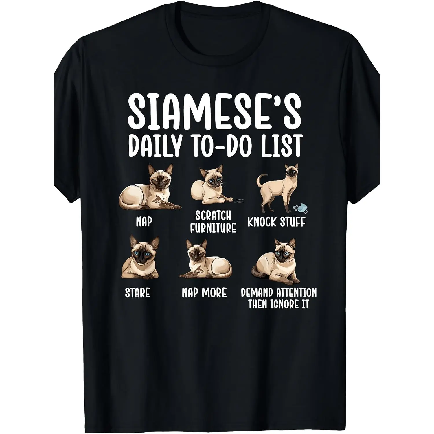 Retro Siamese Cat T-Shirt - Vintage Siamese Owner with Daily to-Do List Graphic, Round Neck Casual Tee Suitable for Cat Lovers, Machine Washable Apparel for Siamese Owners