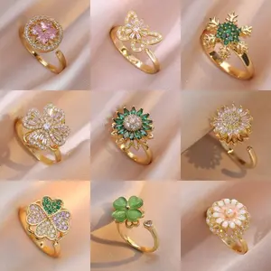 Sunflower Fidget Anxiety Rings for Women Men Spinner Rings for Anxiety Relieving Stress Open CZ Flower Moon Star Anti Rotatable Rings Adjustable