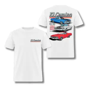 E1 Camino Car T-Shirt – Graphic Tee Featuring Blue, Silver, and Red Chevy E1 Camino Designs, Perfect for Vintage Car Enthusiasts, 2 Sides.