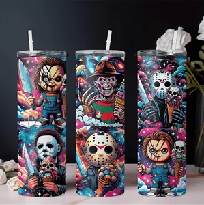 Stainless Steel Insulated Water Bottle Featuring Iconic Horror Movie Characters Ideal for Year Round Use with Detachable Straw and Rust Resistant Cap