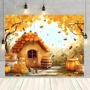 2D Flat, Enchanted Bee Hive & Honeycomb Backdrop Banner - Vibrant Autumn-Themed Party Decoration with Bees, Pumpkins & Sunflowers, Durable Polyester Fabric for Indoor/Outdoor Photo Booths, Birthd