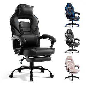 GARVEE Gaming Chair with Footrest & Massage Lumbar Support,Big and Tall Ergonomic Computer Game Desk Chair 300LB Capacity, High Back PU Leather Recliner with Headrest, 360° Swivel Computer Office Chair,Black