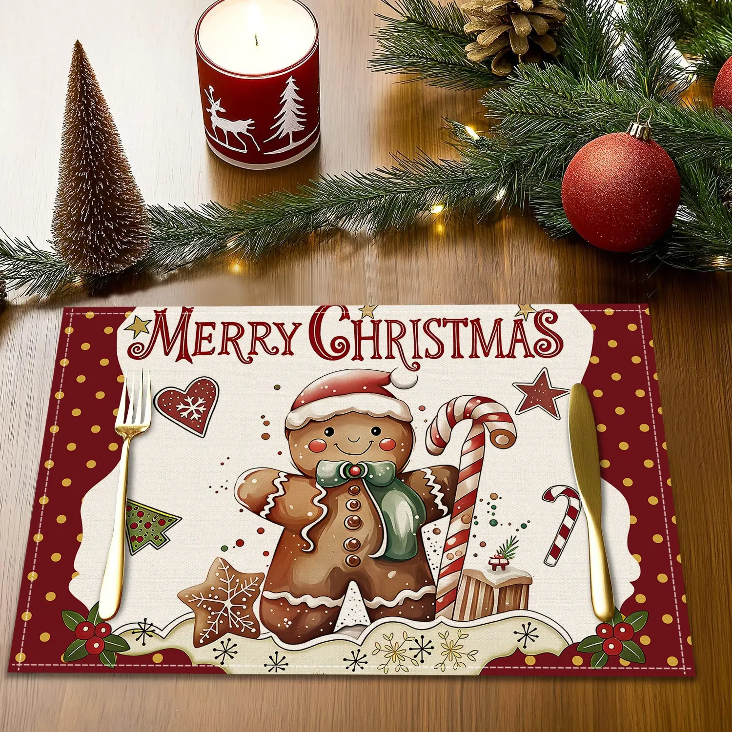 4/6pcs Christmas decorative placemats, Merry Christmas reindeer snowman patterned placemat, Christmas candy gingerbread printed dining table non slip insulation mat, table mat, coasters, Tableware, home kitchen table decoration, gifts, Holiday placemats