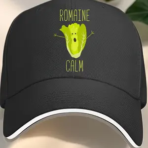 Playful Romaine Lettuce Character Baseball Cap with "ROMAINE CALM" Graphic - Black & Green Casual Sandwich-Style Brim Hat, 100% Polyester for Casual Attire