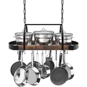 32-Inch Ceiling Hanging Pot Rack for Kitchen, Space-Saving Pot Hanger with 16 Detachable S Hooks, Sturdy Metal Frame, Industrial Style for Pot and Pan Storage