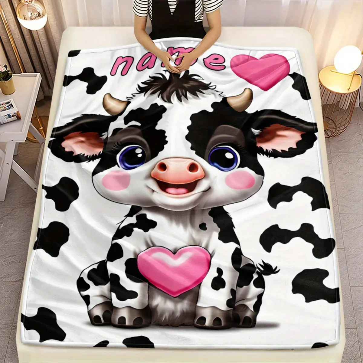 Customized Cute Cow Print Animals Name Blanket - 1pc, 280gsm Lightweight Soft Fabric, Digital Printed Home Bedding Towel for Sofas, Travel