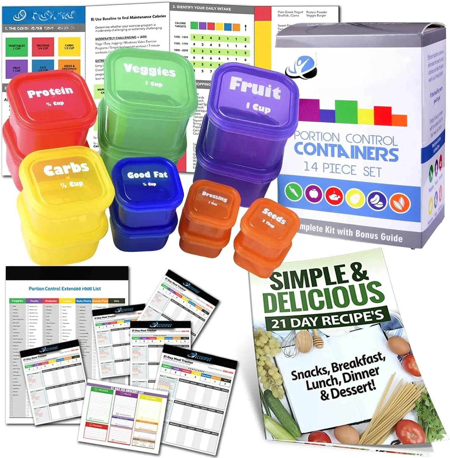 Portion Control Containers DELUXE Kit (14-) with COMPLETE GUIDE + 21 DAY PLANNER + RECIPE eBOOK  Color Coded Meal Prep System for Diet and